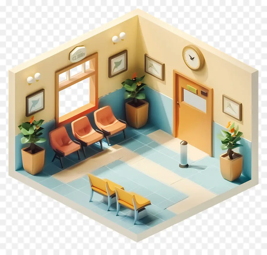 arancione - Sala d'attesa vuota con sedie blu