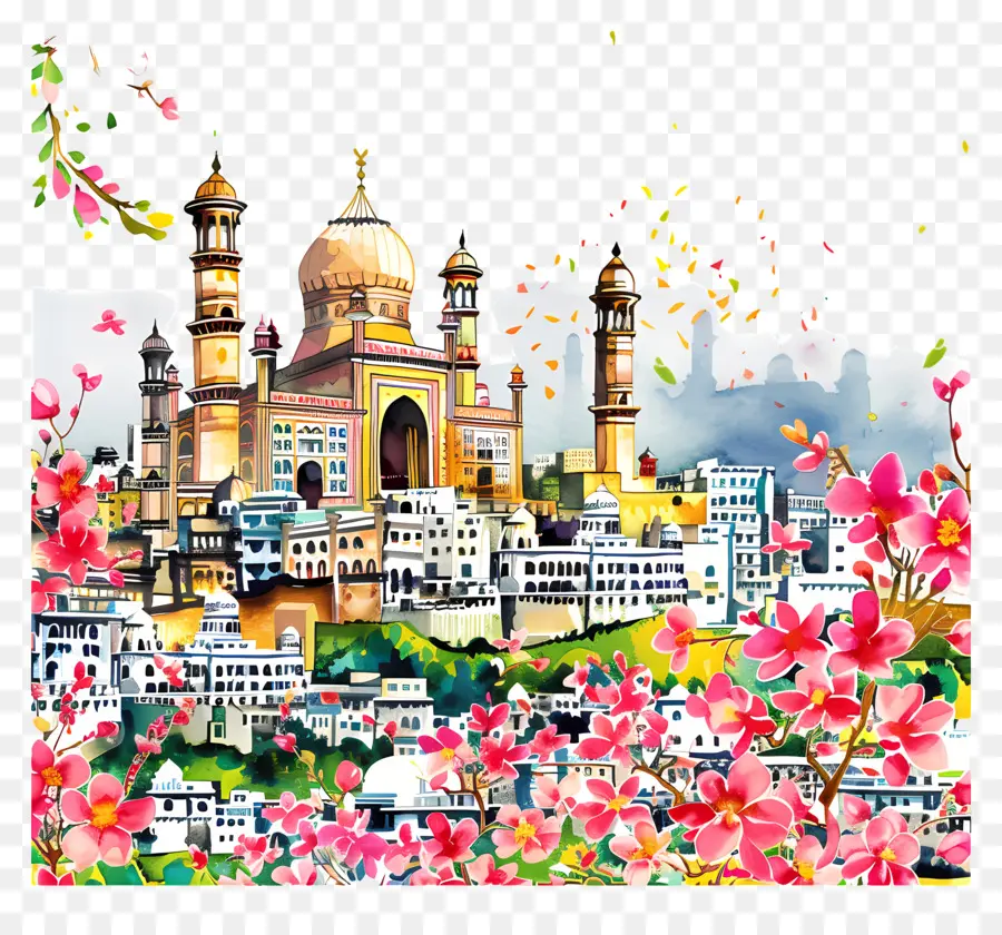 Hyderabad Skyline City Paesaggio dei punti di riferimento Buildings Flowers - Paesaggio urbano colorato con fiori e punti di riferimento