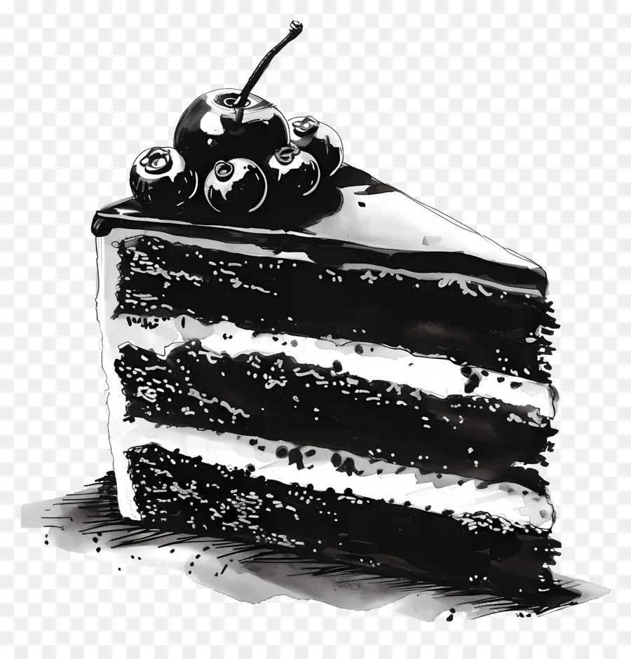 Schwarzer Kuchen -Schokoladenkuchen Vanille -Zuckergusskirschen Dessert - Schwarz -Weiß -Scheibe Schokoladenkuchen