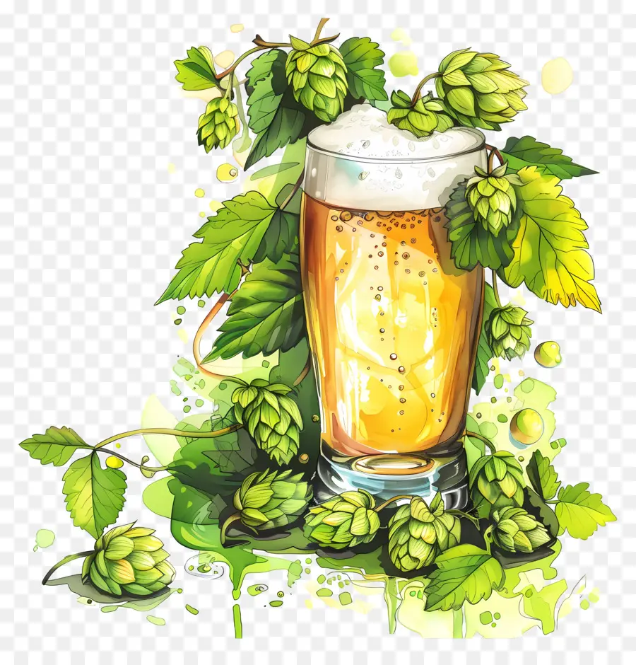 Birrezione di birra artigianale di birra in homebrew Day Brew - Bicchiere di birra con luppolo decorazione a foglie
