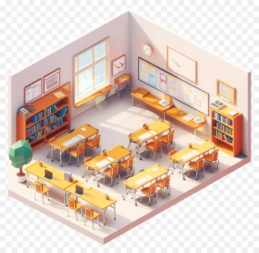 Schulklassen -Klassenzimmer -Schreibtische Vorsitzende Bücherregal - Leerer Klassenzimmer mit ruhigem, simpeltem Design