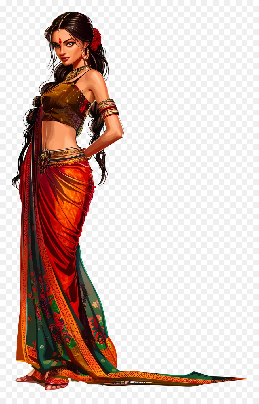 Sanz Banarai Good Indian Good Truyền thống Trang sức Tóc tối - Người phụ nữ Ấn Độ truyền thống ở Sari chờ đợi