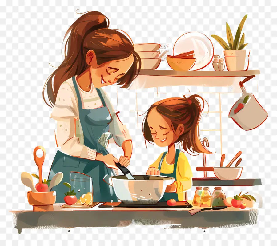 Mom Daughter Cooking Cooking Küche Küche - Frau, die in der Küche kocht und ein Kind beobachtet