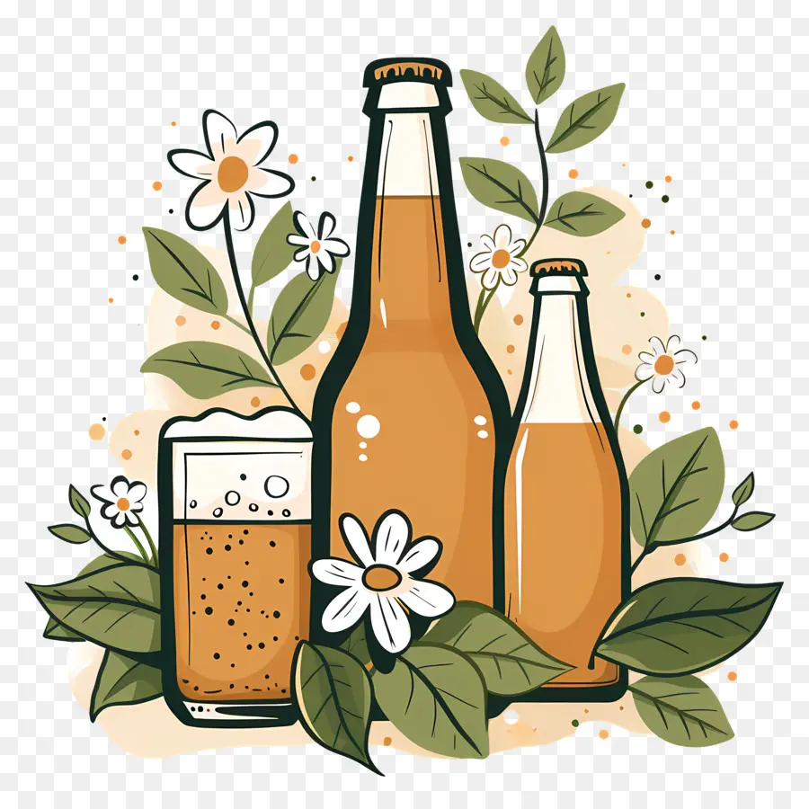 bottiglie di birra in homebrew bottiglie di birra chiara margherite - Bottiglie di birra in lager senza etichette, circondate da piante