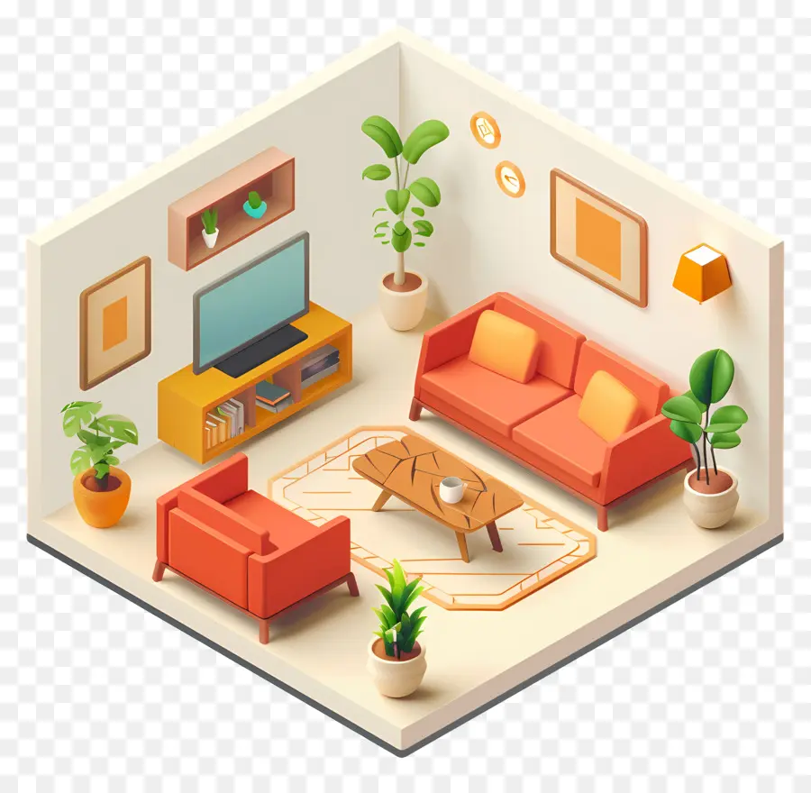 Phòng khách hiện đại Phòng khách 3D Bàn ghế dài - Phòng khách hiện đại với TV và thực vật