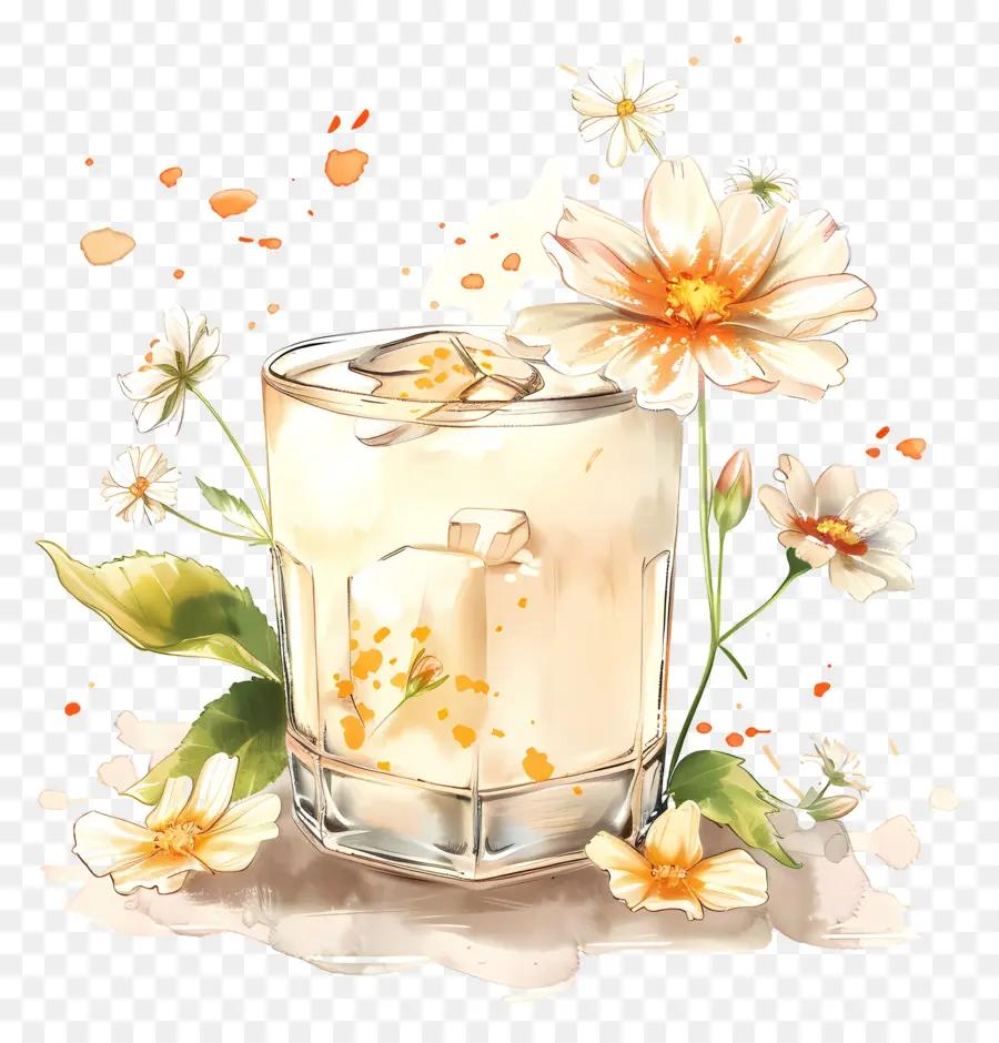 Buttermilch Drink Aquarellmalmalerei Orange Getränk Blumeninfusion lebendige Farben - Lebendiges, ätherisches Aquarellglas mit Blumen