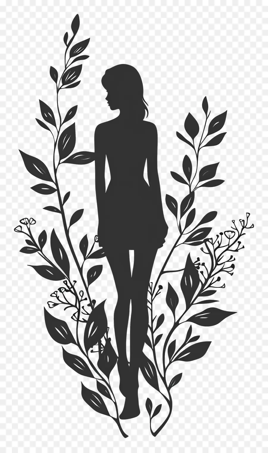 ragazza silhouette donna silhouette piante fiori bianchi e neri - Silhouette di donna circondata da piante