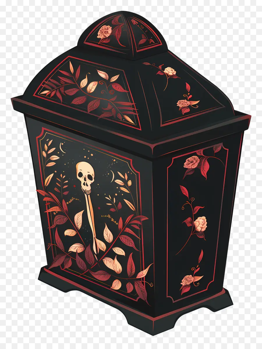hoa thiết kế - Quan tài màu đen với chạm khắc hộp sọ và hoa