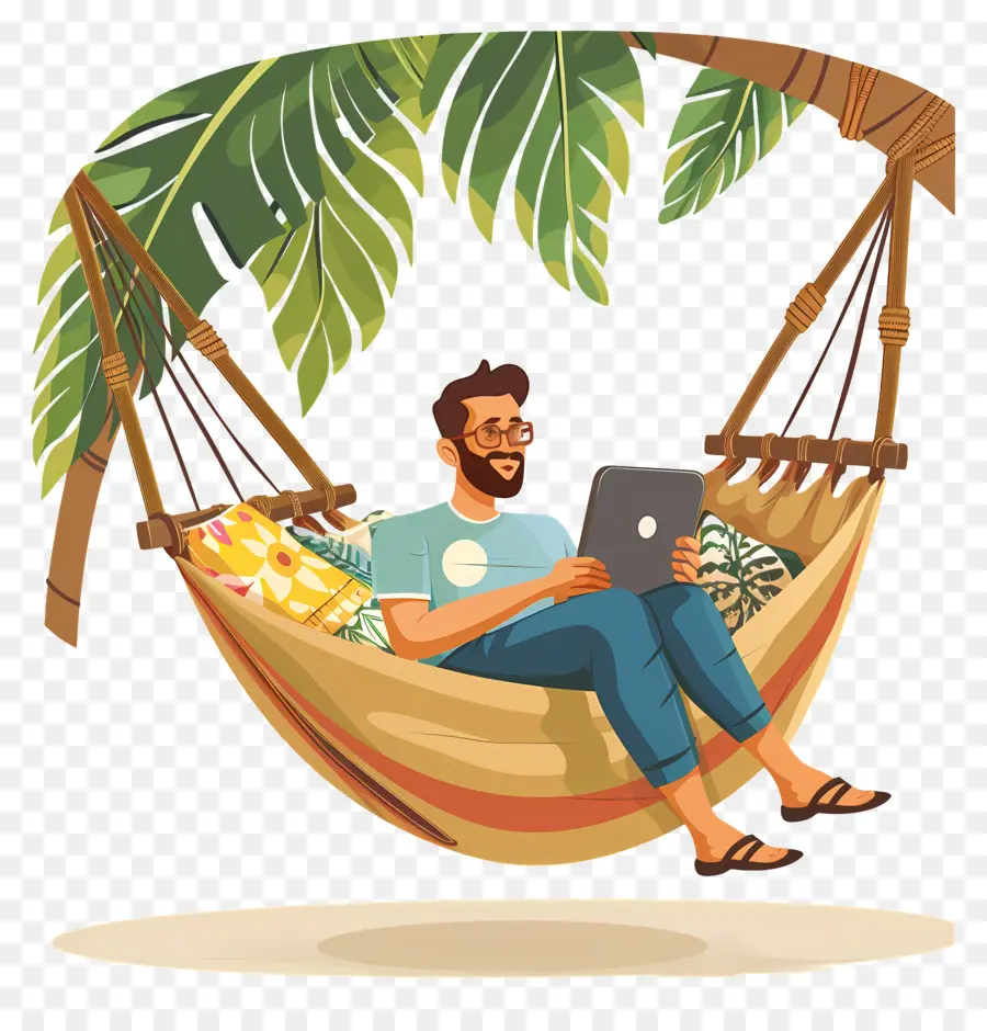 albero di palma - Uomo sull'amaca con laptop, sfondo della spiaggia