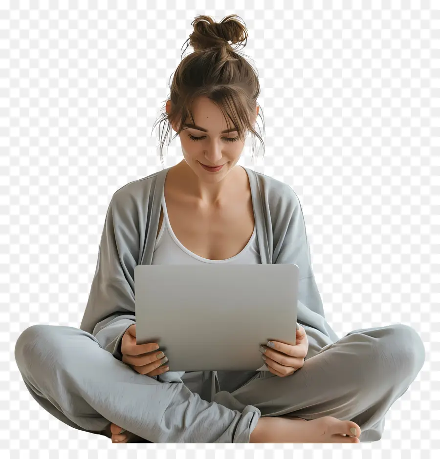 Lavorando sul lavoro remoto per laptop da casa laptop digitale nomade - Donna in veste seduta sul pavimento, usando il laptop