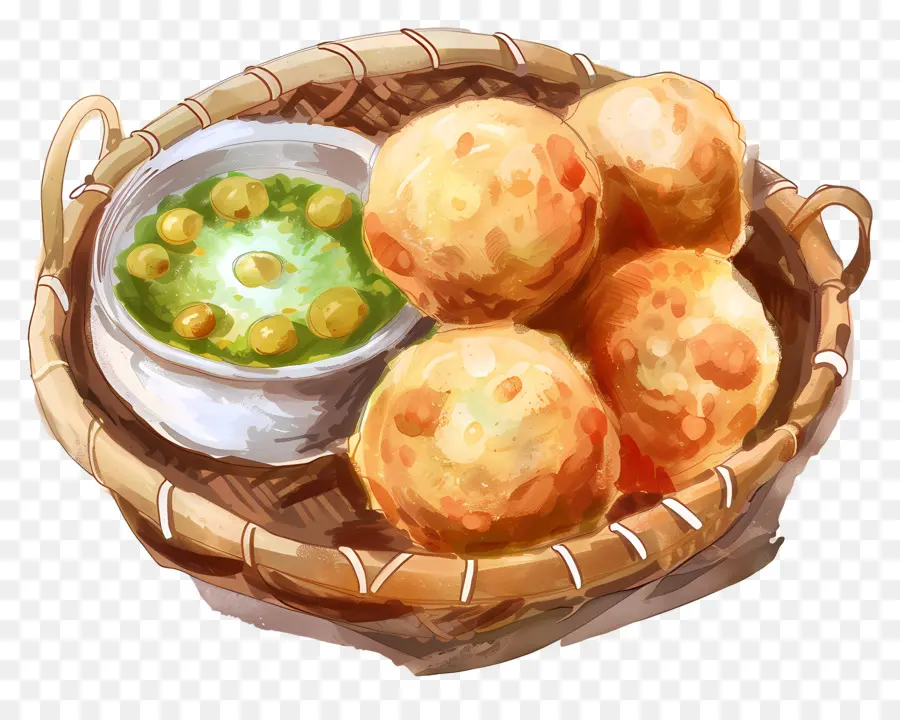 Pani puri wicker giỏ thành phần thực phẩm ổ bánh mì xanh - Nhiều loại thực phẩm trong giỏ đan lát