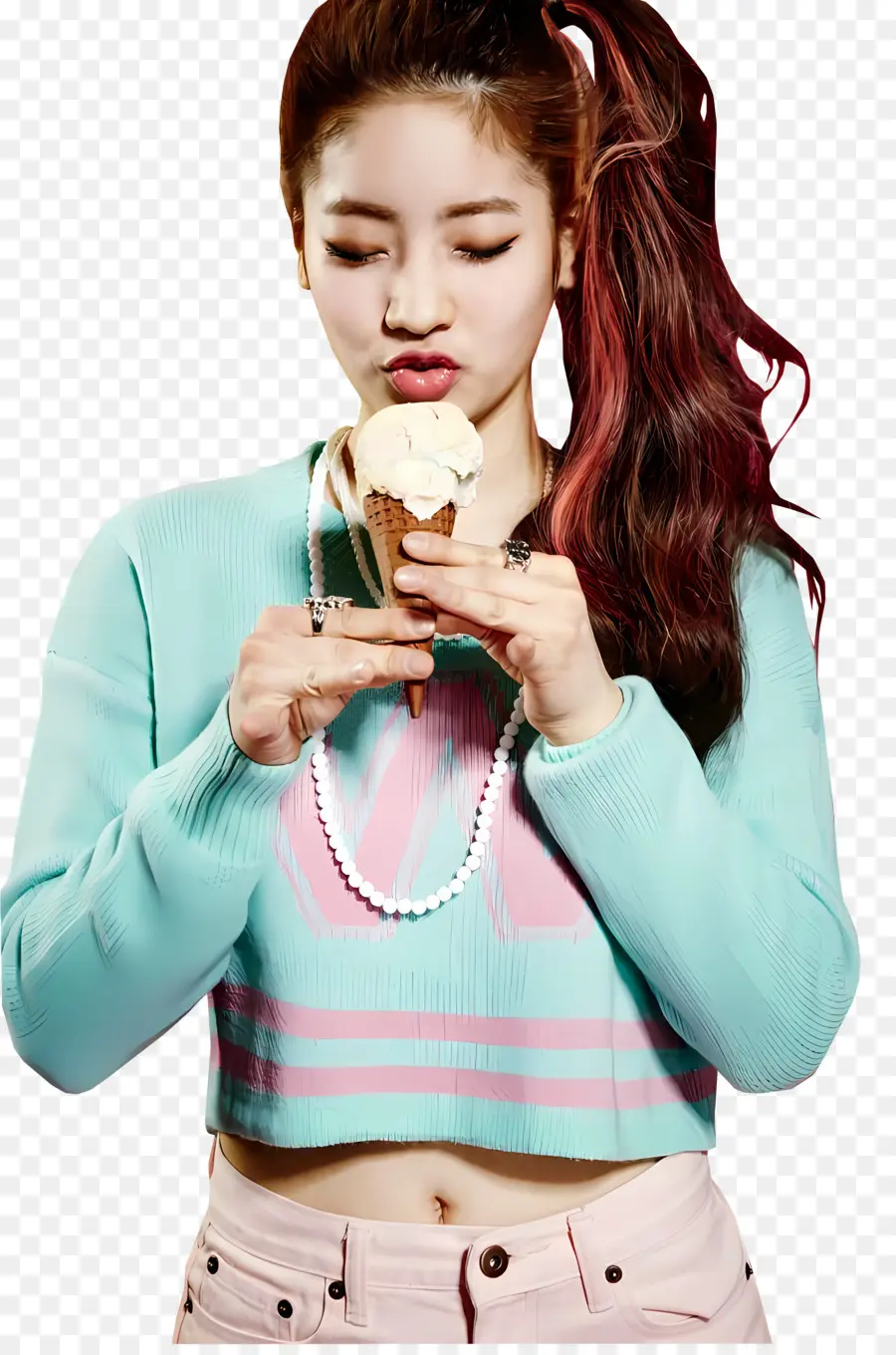 Hai lần cô gái Hàn Quốc, người phụ nữ trẻ tóc xoăn áo len màu xanh da trời - Người phụ nữ trẻ mặc áo len màu xanh cầm kem