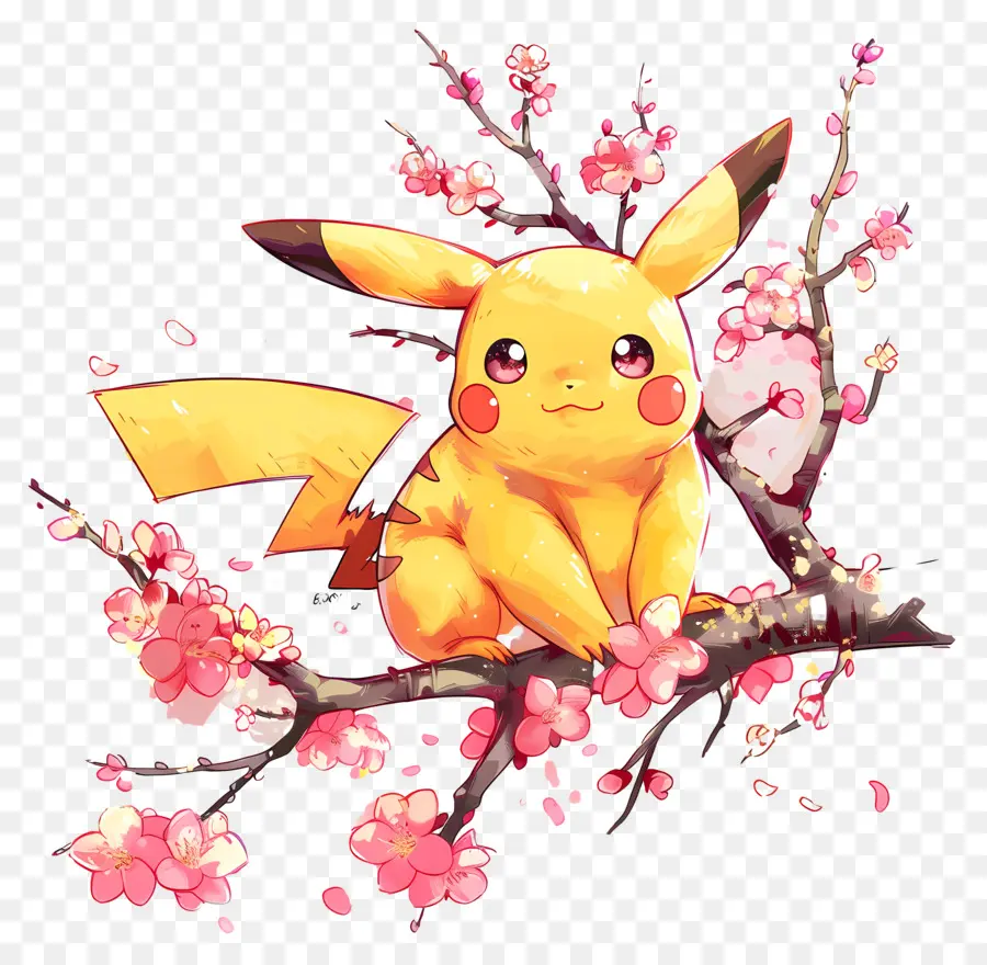 ast - Pikachu im Baum mit rosa Blüten -Outfit