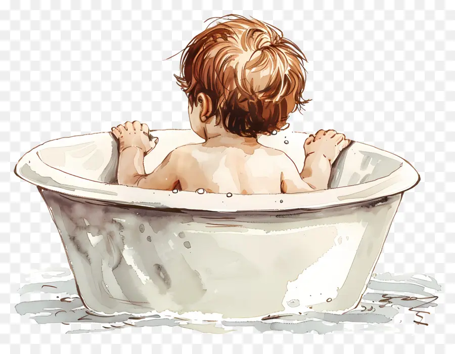 Holzrahmen - Baby in überfüllter Badewanne, Aquarellmalerei
