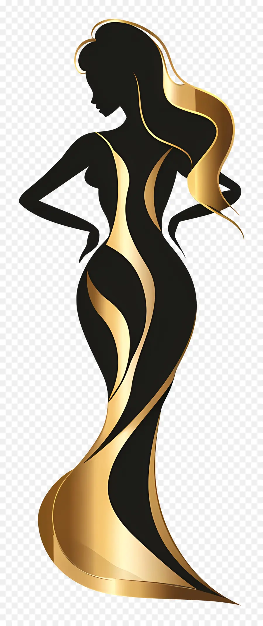 üppige Frau Silhouette Frau Schwarz Kleid goldene Akzente lange Haare - Elegante Frau in schwarzer und goldener Kleidung