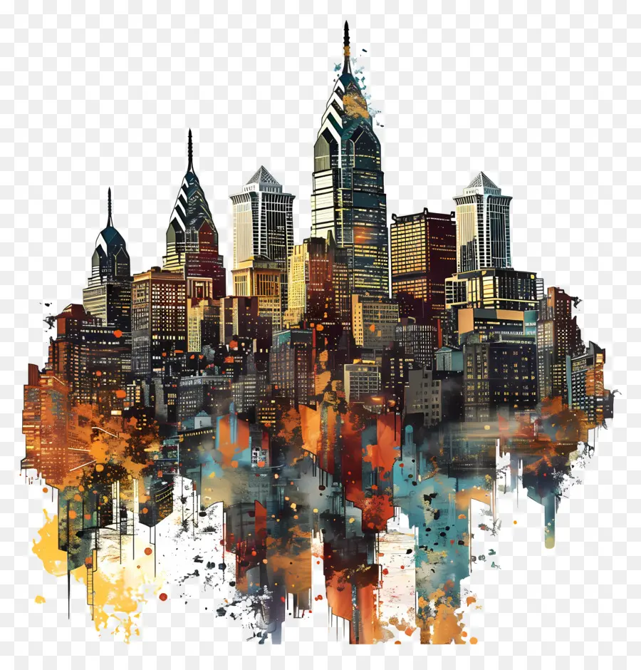 Philly Skyline City Skyline Gemälde städtische Kunst Skyline Kunstwerk Dunkle Stadtschaft - Dynamische Stadt Skyline -Malerei mit dunklen Farben