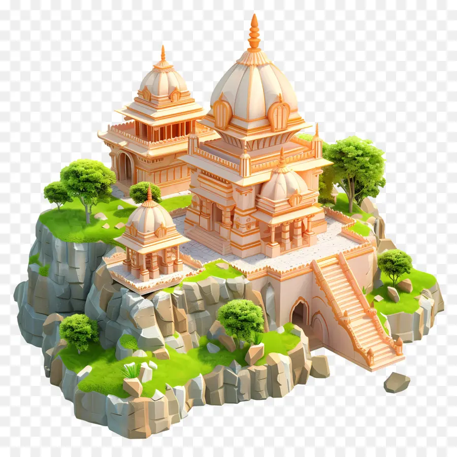 Ram Mandir Ancient Temple 3D Rappresentazione Towers Minarets - Tempio antico 3d su scogliera con torri