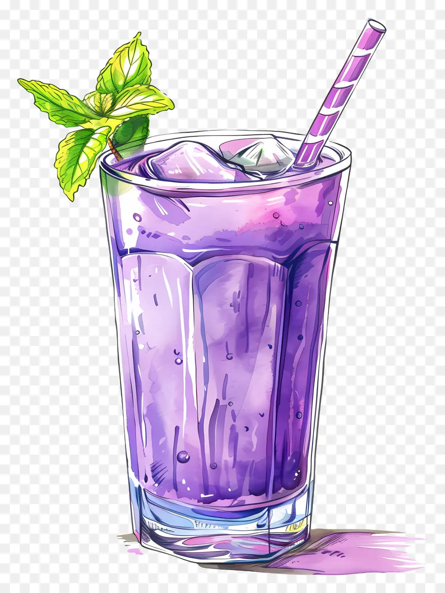 foglia di menta - Bicchiere di succo viola con cannuccia a strisce