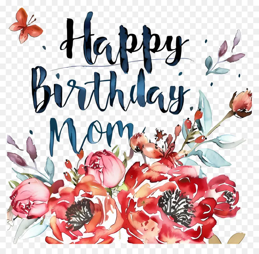 Buon compleanno Mom WaterColor Illustration Woman Flowers Butterflies - Abstract illustrazione in bianco e nero