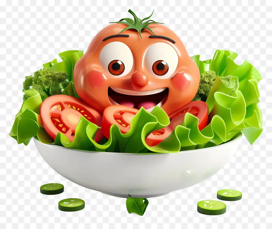 Cibo da cartone animato in 3D Happy Tomato Verdure fresche sorridenti Smiling Tomato Colori vibranti - Felice pomodoro sorridente circondato da verdure fresche