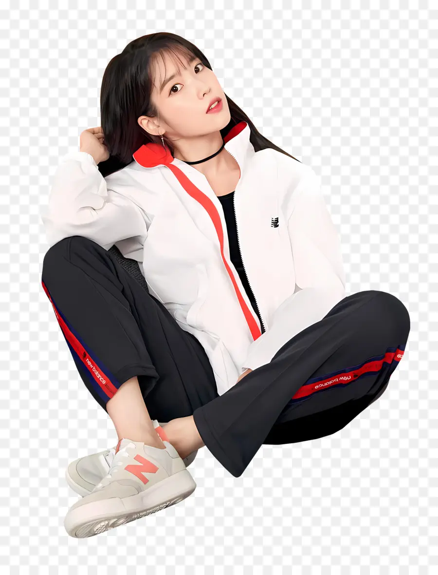 Kpop K-Pop Hàn Quốc Giày thể thao đỏ và trắng Màu xám - Người phụ nữ trên chiếc ghế dài trong giày thể thao màu đỏ