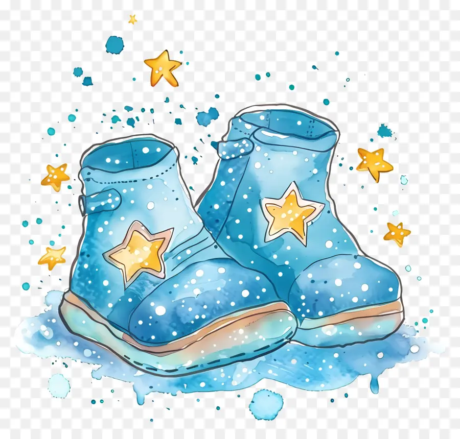 baby booties watercolor painting blue boots little star stars