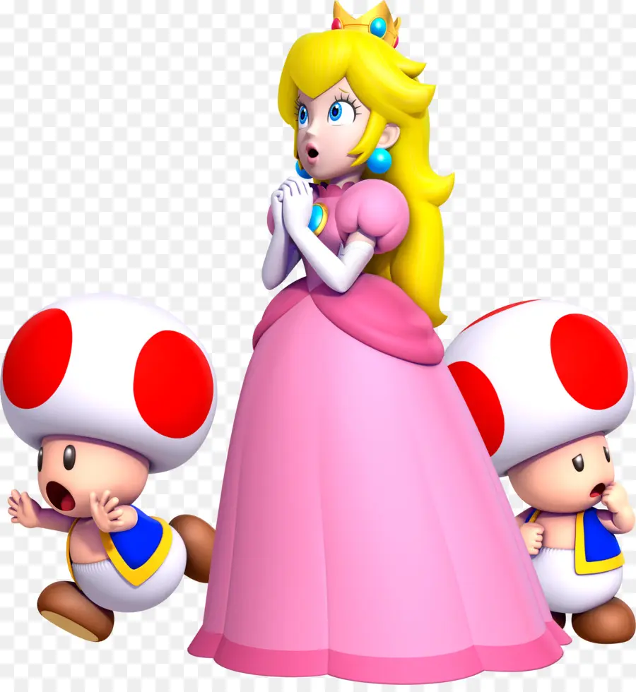 Charaktere rosa Kleid rotes Kleid blauer Kleiderkorb - Drei Pilzfiguren in farbenfrohen Kleidung, die Pilze halten