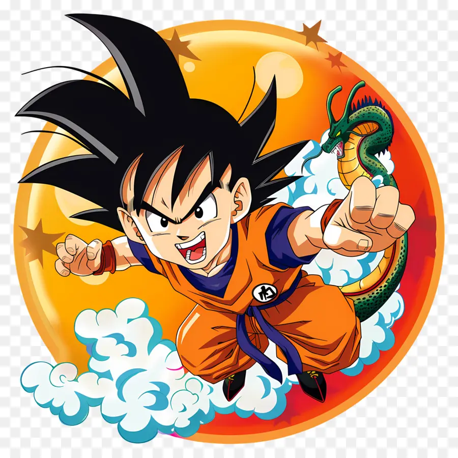 drachenball - Cartooncharakter Goku fliegt mit Ki Ball