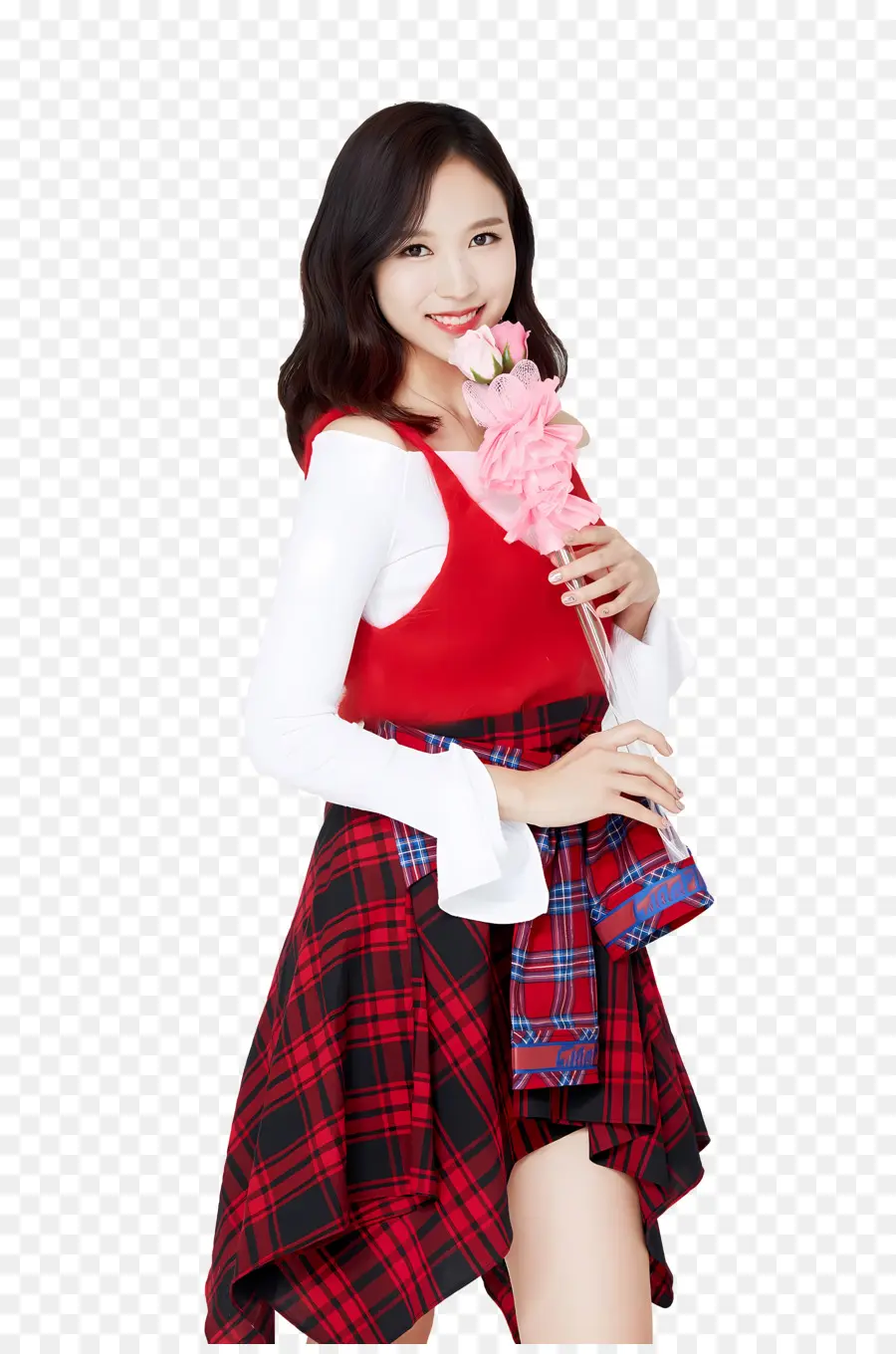 zweimal südkoreanische Mädchen junge Frau karierte Kleidblume Blume - Junge Frau in kariertem Kleid hält Blume