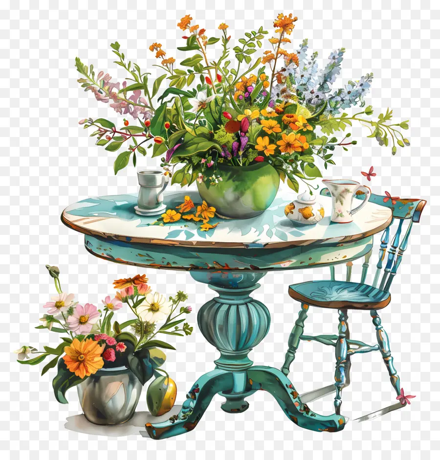 Fiori del vaso da giardino primaverile - Tavolo con fiori, sedie, libro, brocca d'acqua
