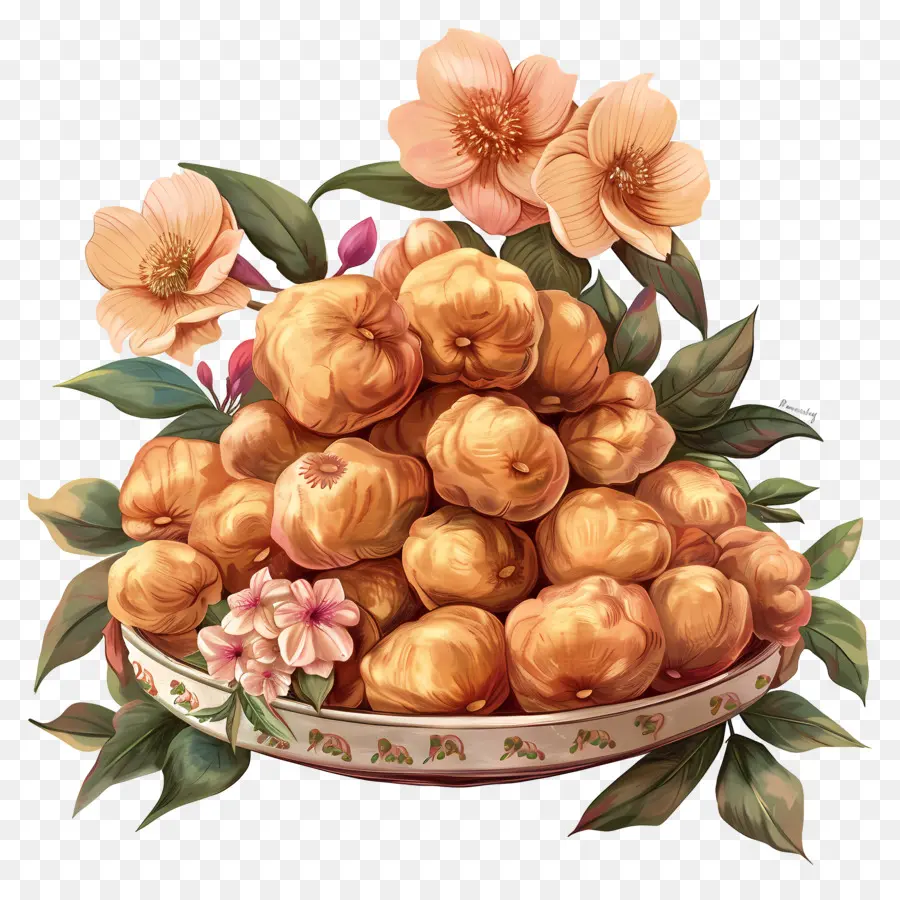 Panipuri Fruchtkorb Pfirsiche Pflaumenäpfel - Korb mit verschiedenen Früchten und Blumen