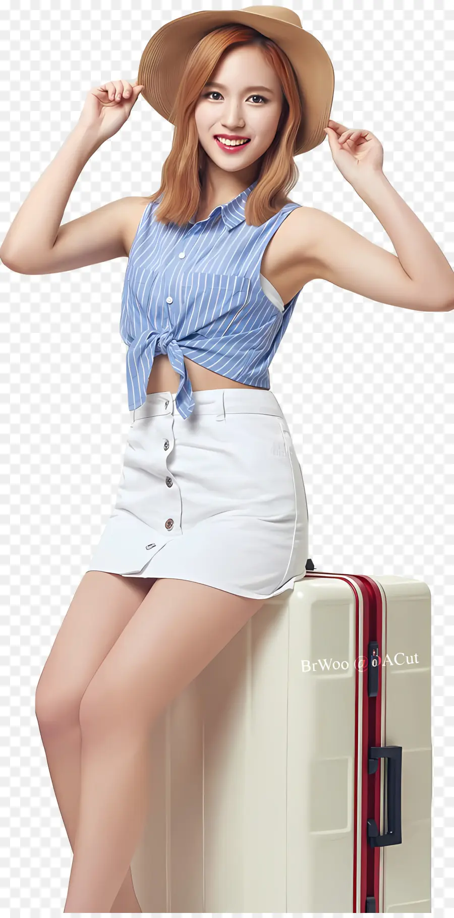 zweimal südkoreanische Mädchen Frau weiße Hemd schwarze Shorts - Frau im weißen Hut sitzt auf Koffer