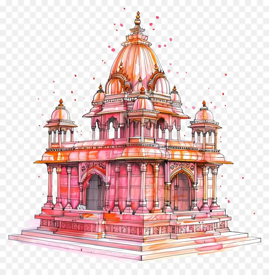 Ram Mandir Digital Artwork Temple Architecture Schema di colori rosa - Tempio rosa con architettura intricata, dettagli floreali