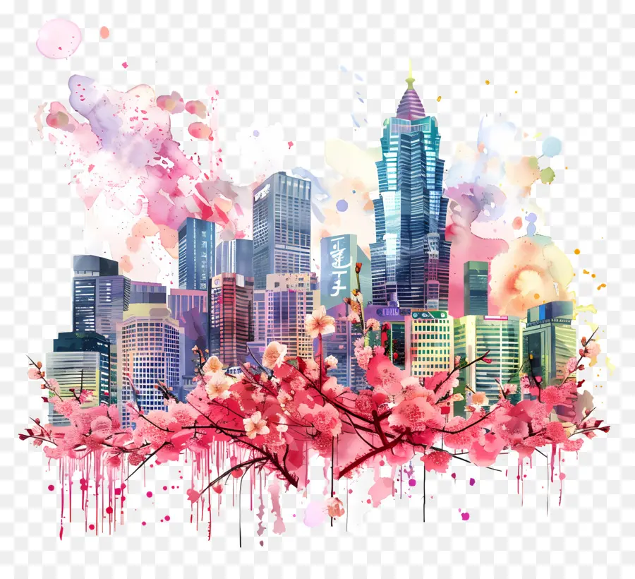 die skyline der Stadt - Bunte Stadt Skyline Gemälde mit Blume