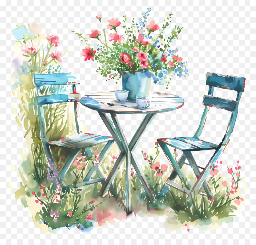 tavolo in legno - Scena esterna tranquilla con sedie e fiori