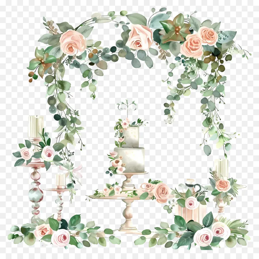 đám cưới trang trí - Bàn tiệc cưới với hoa hồng và bánh hồng