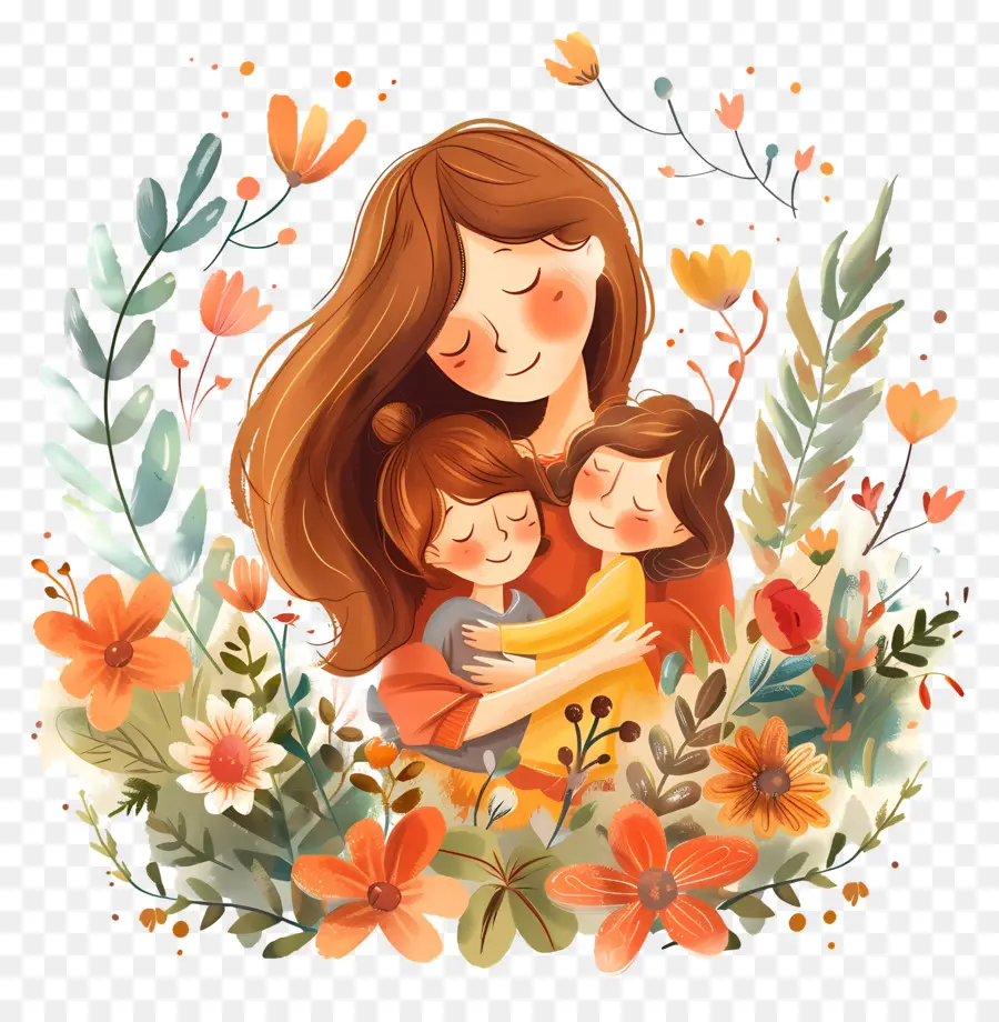 La festa della mamma - Madre che abbraccia i bambini in abiti floreali
