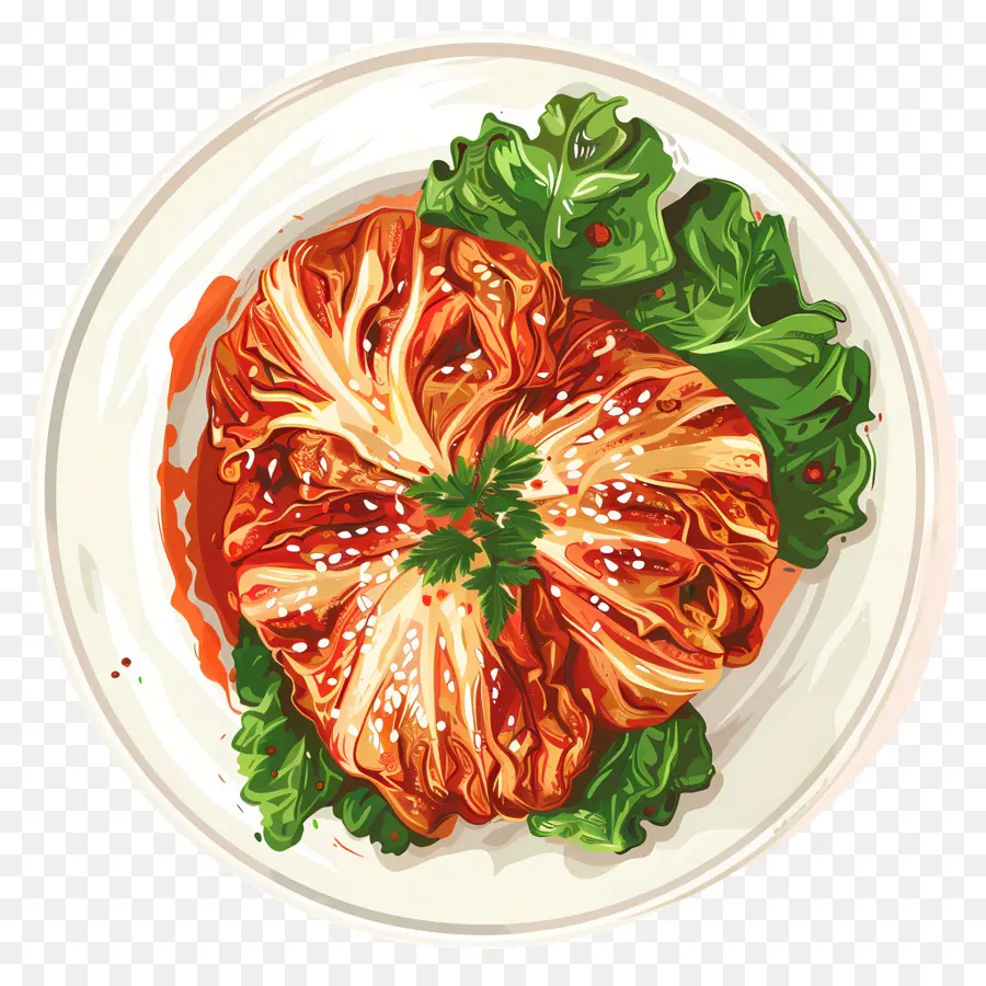 Kimchi Food Art Sketch Still Life Teller Einstellung - Skizze der weißen Platte, roten Zwiebeln, Gewürze