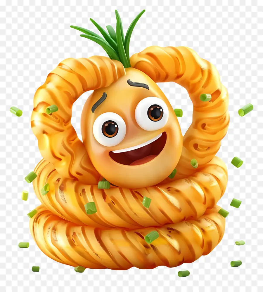 Carattere di cartone animato del cibo da cartone animato 3D spaghetti noodles espressione furbiosa ovale a spirale - Personaggio dei cartoni animati con spaghetti spaghetti e sorriso