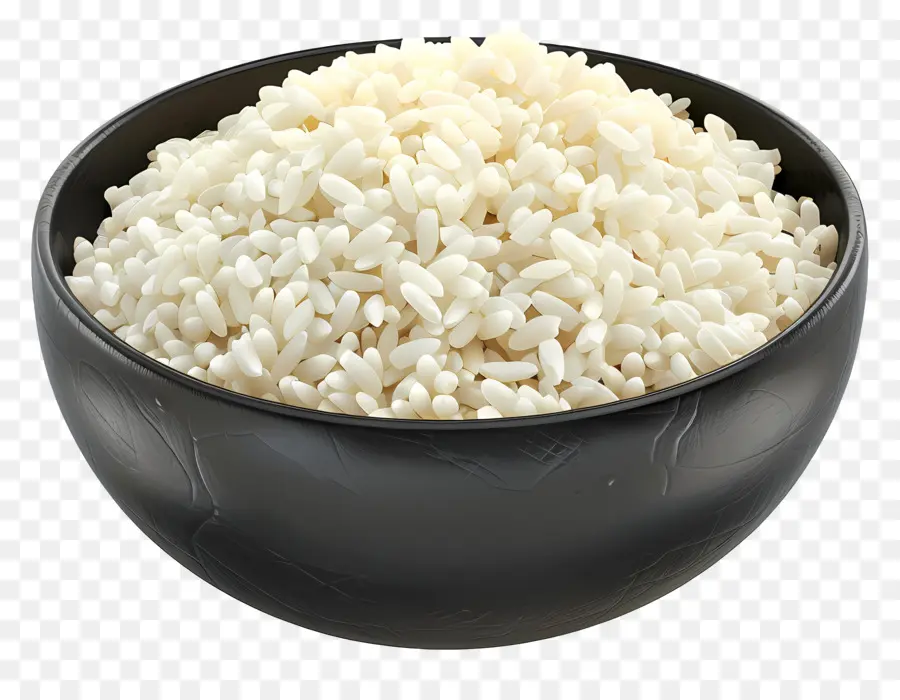 gekochte Reis Reis weiße Reiskornschüssel - Schwarze Schüssel mit weißem Reis, ordentlicher Anordnung