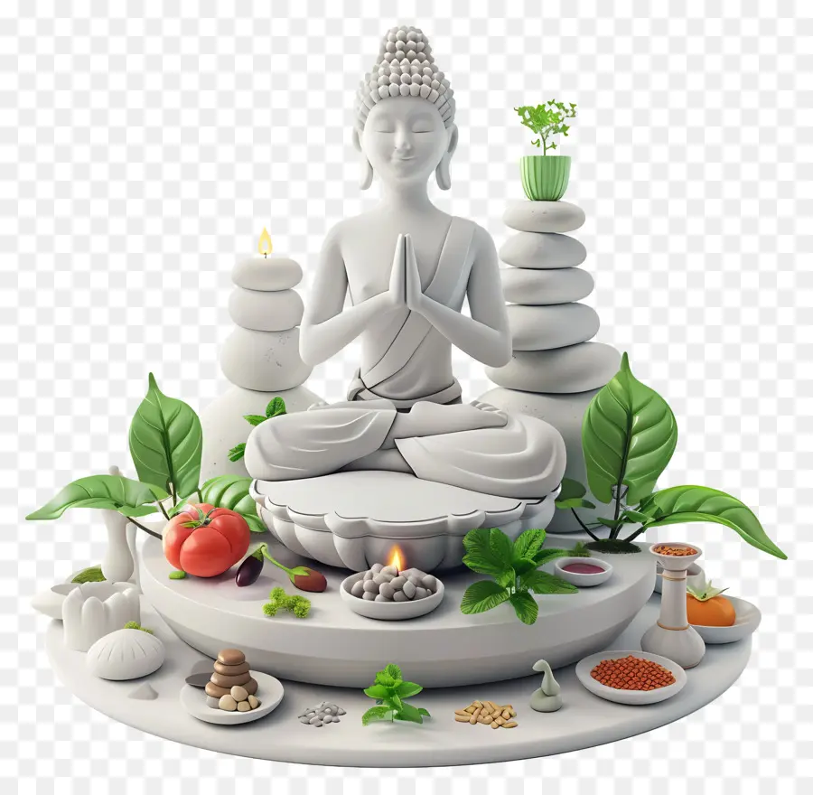 Ayurveda Meditating Statue Woman Food - Statua della donna che medita con cibo ed erbe