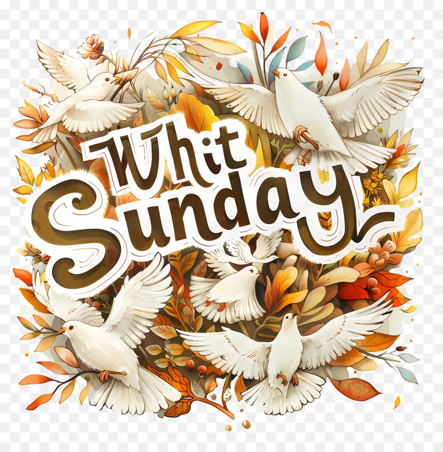 Whit Sunday White colombe che volano nella natura pacifica - Colombe bianche circondate da foglie gialle e verdi