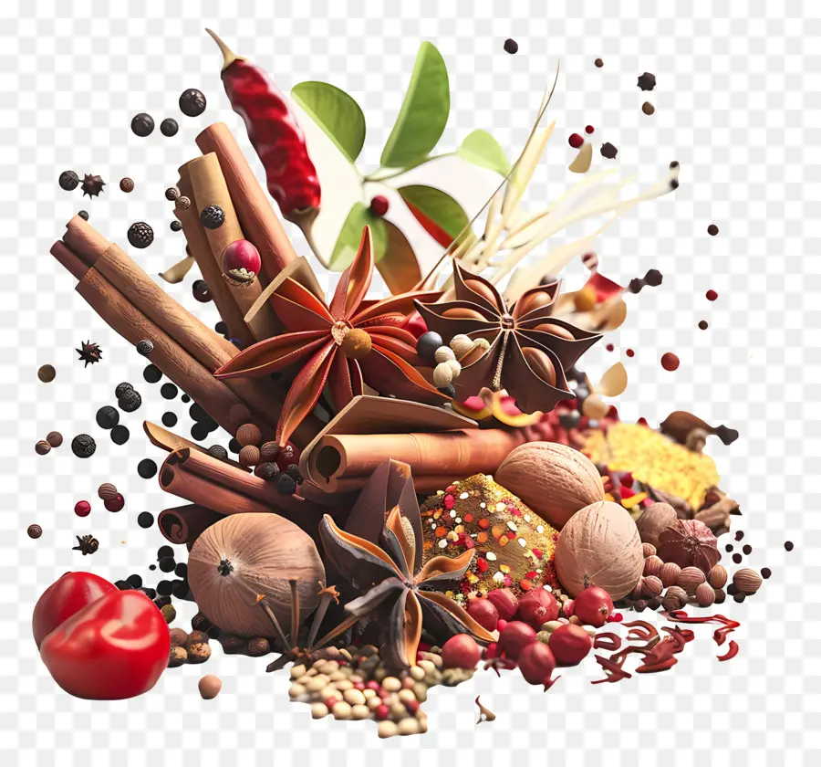 spezie spezie cardamom chiodi di cannella - Spezie naturali, frutta, noci disposte organicamente