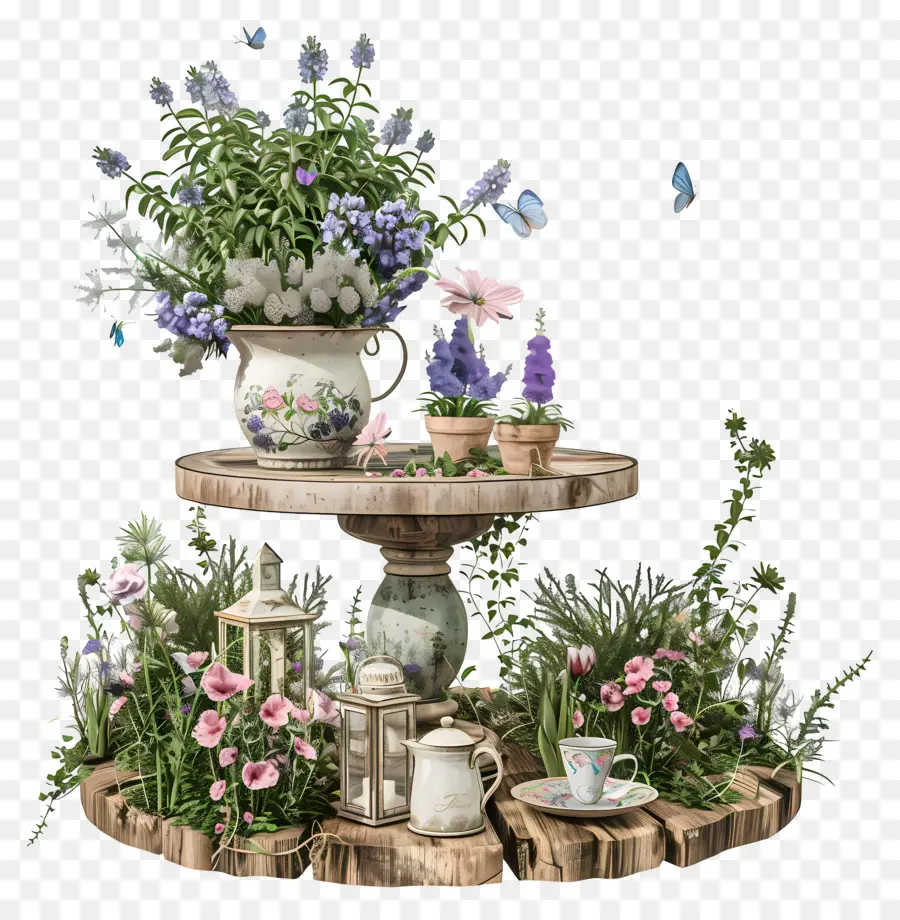 tavolo in legno - Fiori colorati, tazze da tè, farfalle, luminose