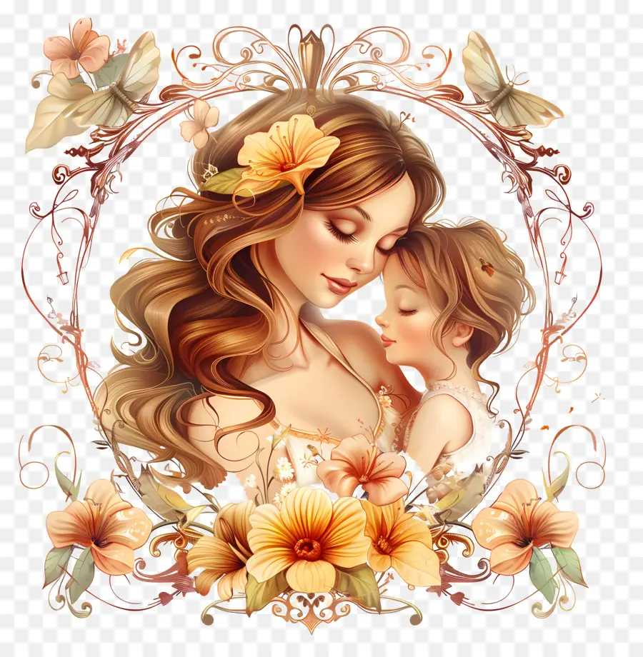 La festa della mamma - Madre che tiene il bambino circondato da farfalle, fiori