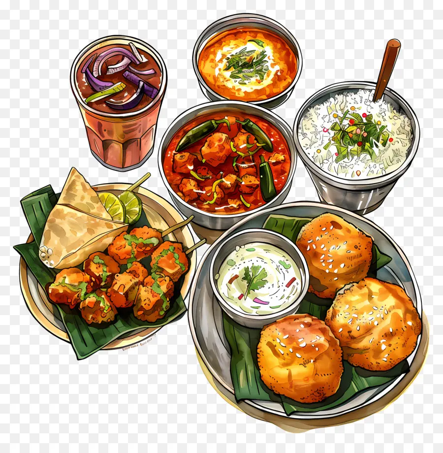 Indisches Essen - Vielfalt indischer Lebensmittel und Getränke ausgestellt