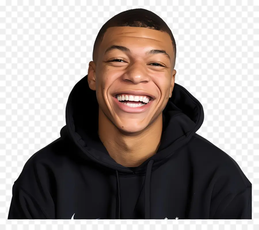 Kylian Mbappe Nike Hoodie Smiling Man Black Hintergrundkamera Blitz - Mann in Nike Hoodie lächelt glücklich, entspannt