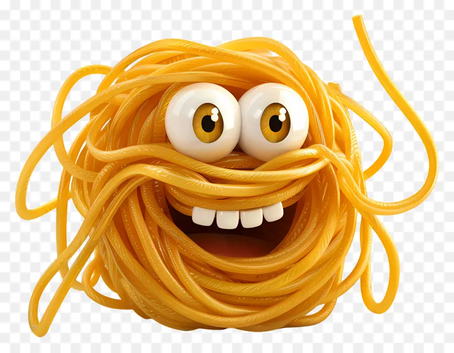 3d Cartoon Food Spaghetti Charakter Cartoon gelbe Nudeln schelmischer Ausdruck - Spaghetti -Cartoon -Charakter mit großen Augen lächeln