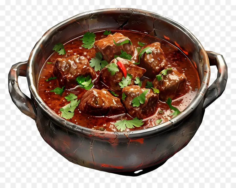 rogan josh dish meat stew copper pot red sauce cilantro