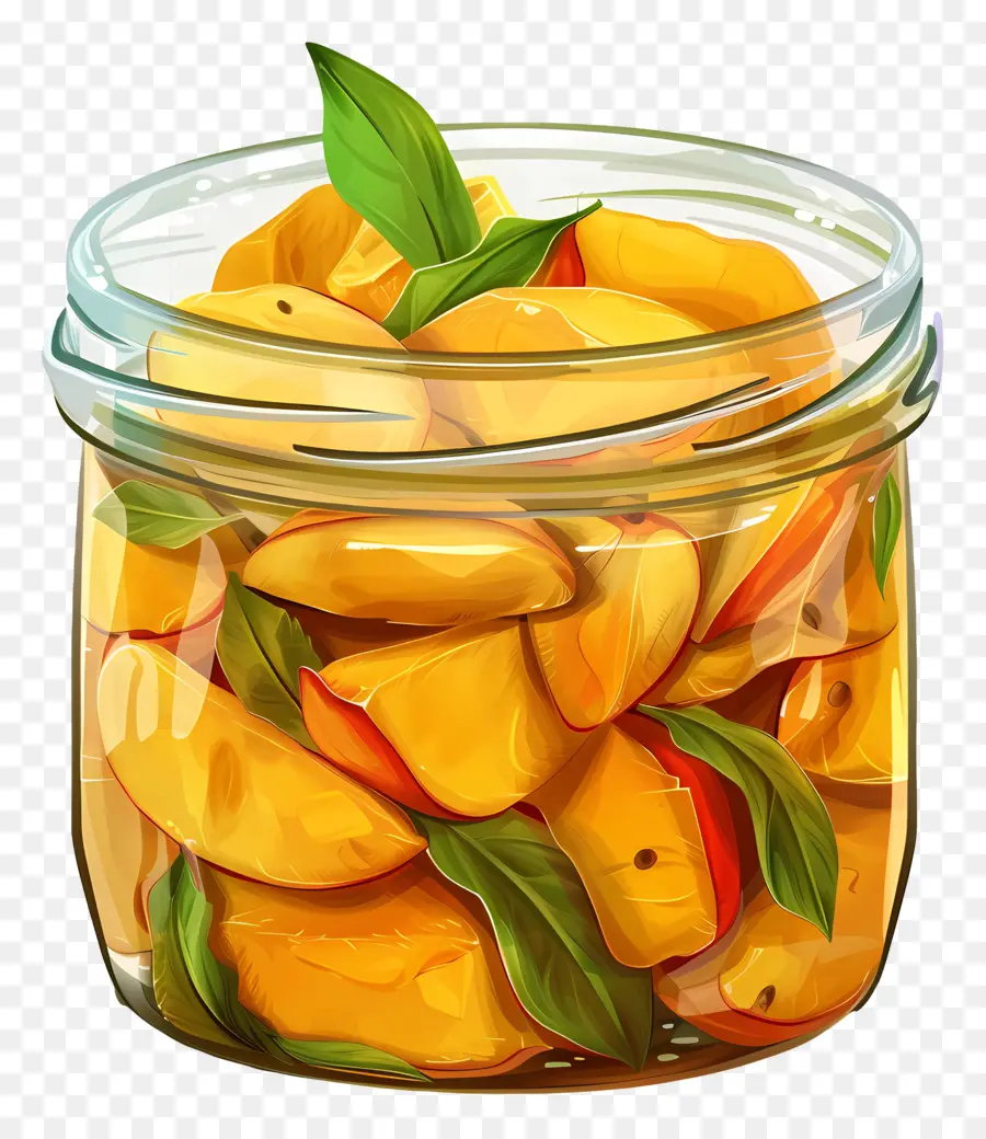 Pickle mango pesche foglie di menta barattolo di vetro frutta a fette - Barattolo con pesche e foglie di menta - colori contrastati